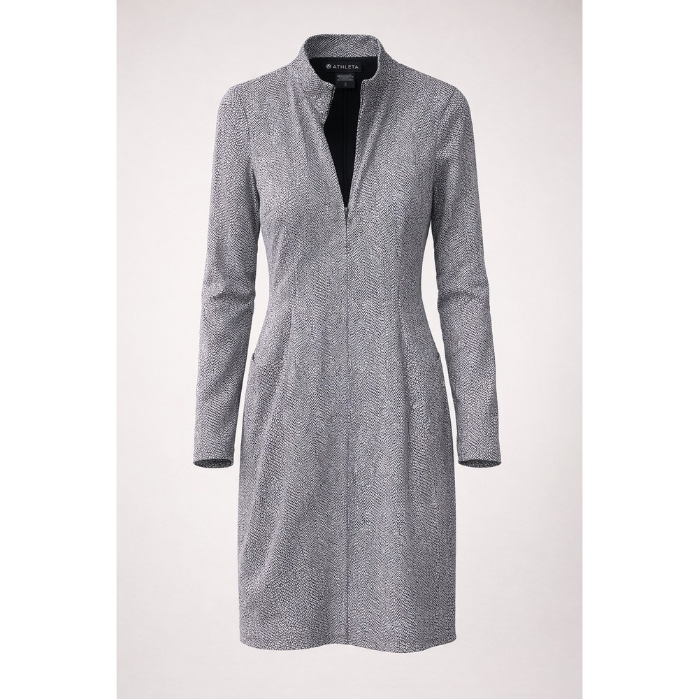 Athleta Gray Herringbone Dress Large Zip Front Long Sleeve‎ Pockets